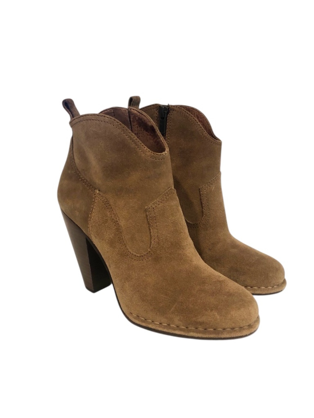 Frye Madeline Tan Cashew Suede Ankle Heeled Zippered Boot
